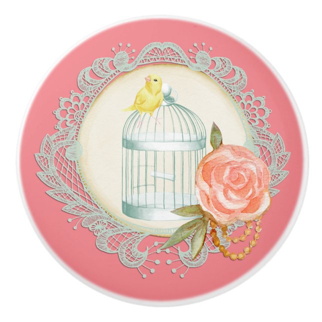 Victorian Lace Roses Gold Birdcage Canary Knobs (Front)