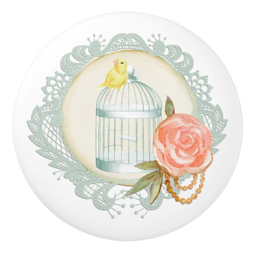 Victorian Lace Roses Gold Birdcage Canary Knobs