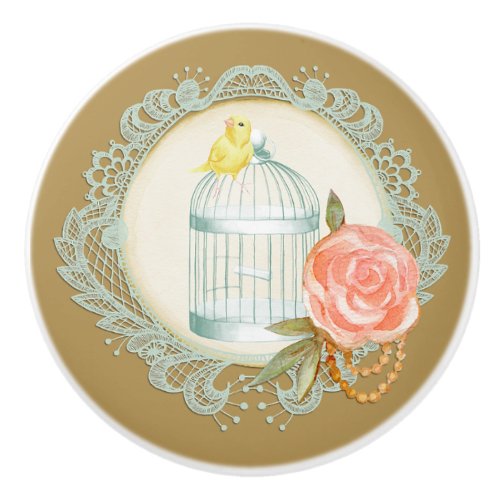 Victorian Lace Roses Gold Birdcage Canary Knobs