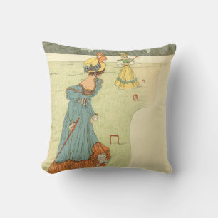 Victorian Ladies Croquet Vintage Garden Party Throw Pillow