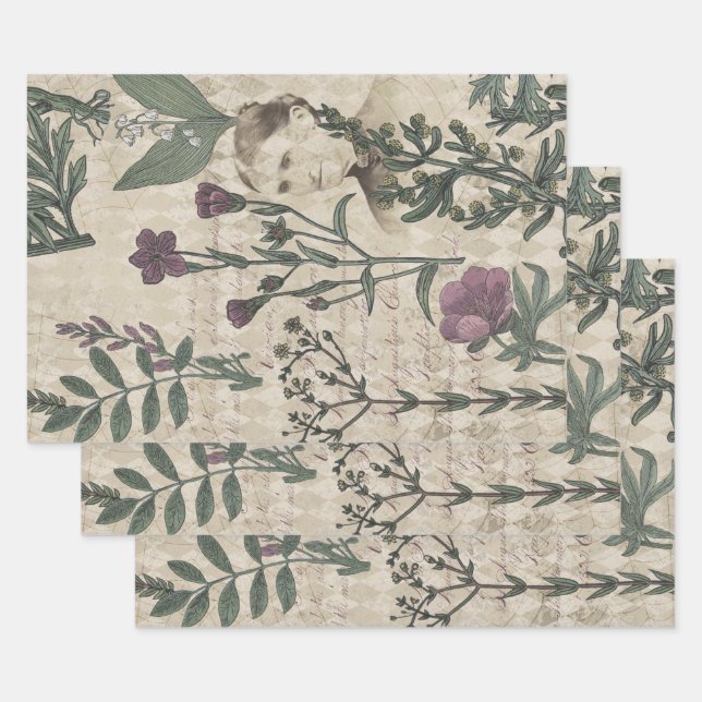 Victorian Lady and Flowers Wrapping Paper Sheets (Set)