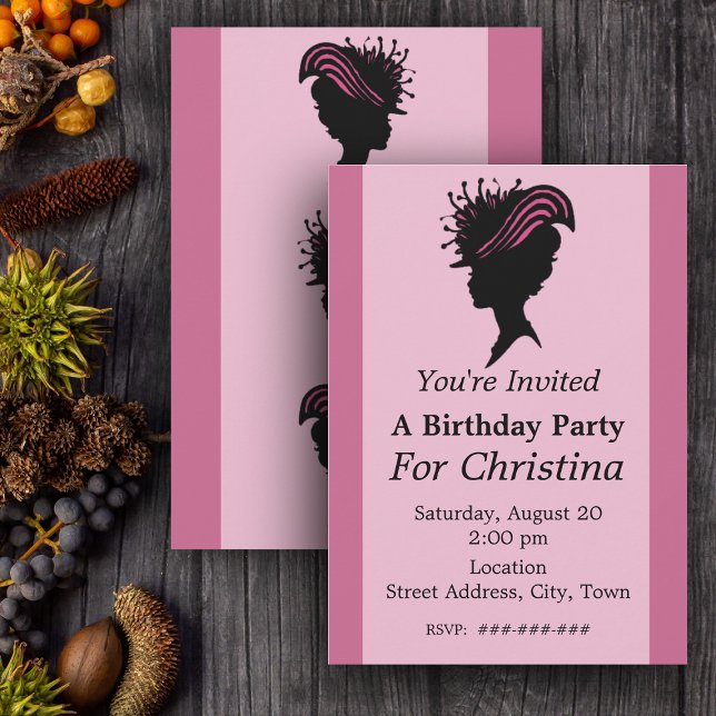 Victorian Lady Black Silhouette Fancy Hat Birthday Invitation (Silhouette of face of Victorian woman fancy hat on pink Birthday party invitations.)