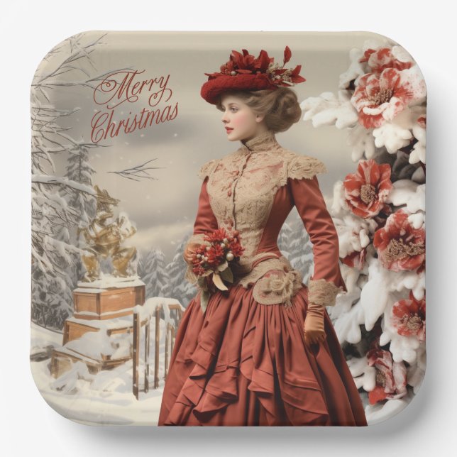Victorian Lady Christmas  Paper Plates (Front)
