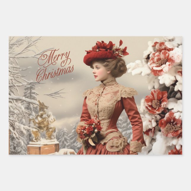 Victorian Lady Christmas  Wrapping Paper Sheets (Front)
