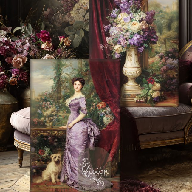 Victorian Lady English Garden Portrait Decoupage  Wrapping Paper Sheets (Close up of a vintage lady portrait & still life floral, against a purple French living room scene.)