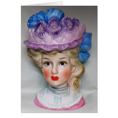 Victorian Lady Head Vase Pink Purple Floral Card