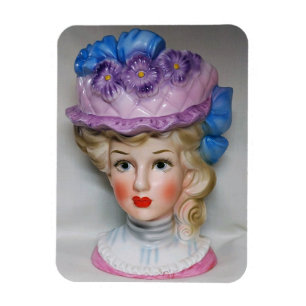 Victorian Lady Head Vase Pink & Purple Floral Hat Magnet