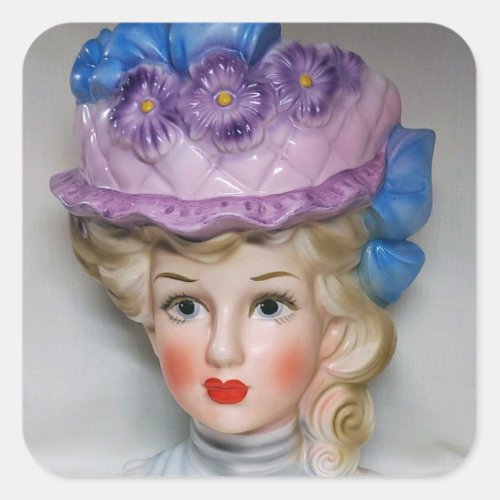 Victorian Lady Head Vase Pink  Purple Floral Hat  Square Sticker