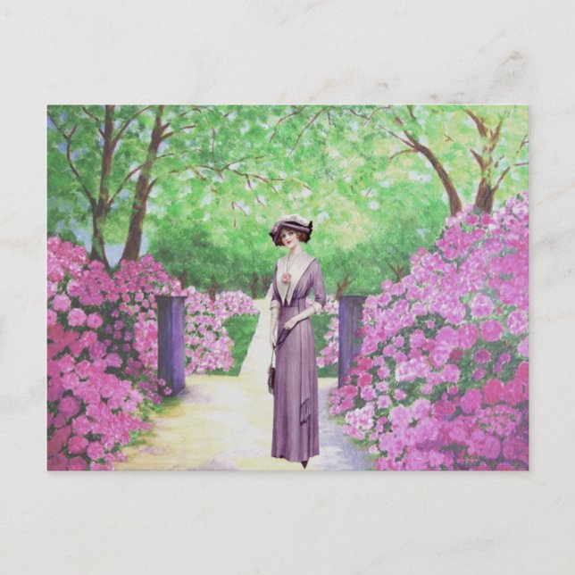 Victorian Lady in a Rhododendron Garden. Postcard (Front)