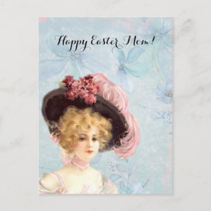 Victorian Lady in Feathered Hat Pink Roses Easter Holiday Postcard