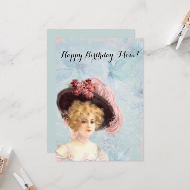 Victorian Lady in Feathered Hat with Pink Roses Card (Front/Back In Situ)