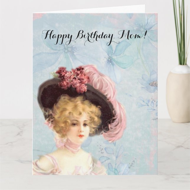Victorian Lady in Feathered Hat with Pink Roses Card (Front)