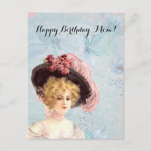 Victorian Lady in Feathered Hat with Pink Roses Postcard