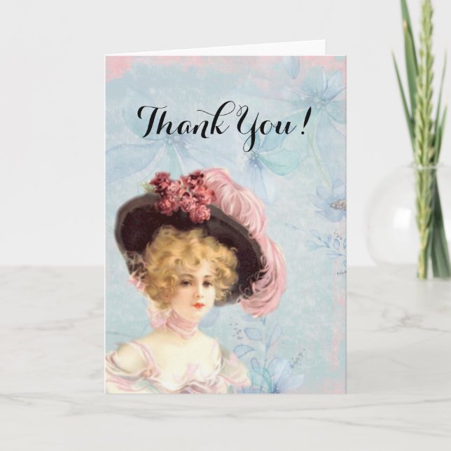 Victorian Lady in Feathered Hat with Pink Roses Thank You Card (Front)