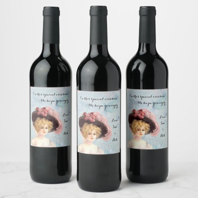 Victorian Lady in Feathered Hat with Pink Roses Wine Label (Bottles)