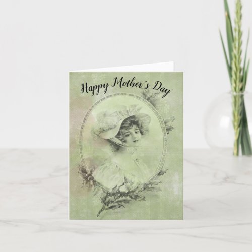 Victorian Lady in Hat Verdigris Green Mothers Day Holiday Card