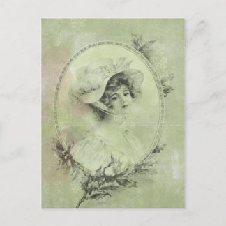 Victorian Lady in Hat Verdigris Green Postcard