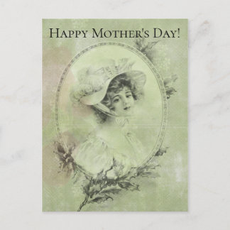 Victorian Lady in Hat Verdigris Green Postcard