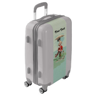 Victorian Lady in Red bathing suit in Ocean on Log Luggage