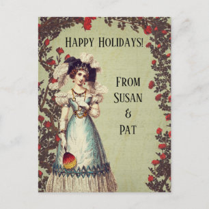 Victorian Lady in the Red Rose Garden with Fan Holiday Postcard