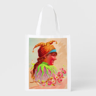 Victorian lady jester print grocery bag