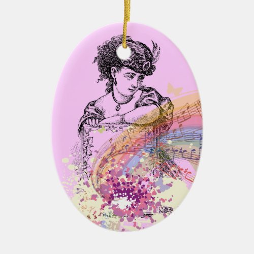 Victorian Lady Music ColorSplashPink Oval Ornament