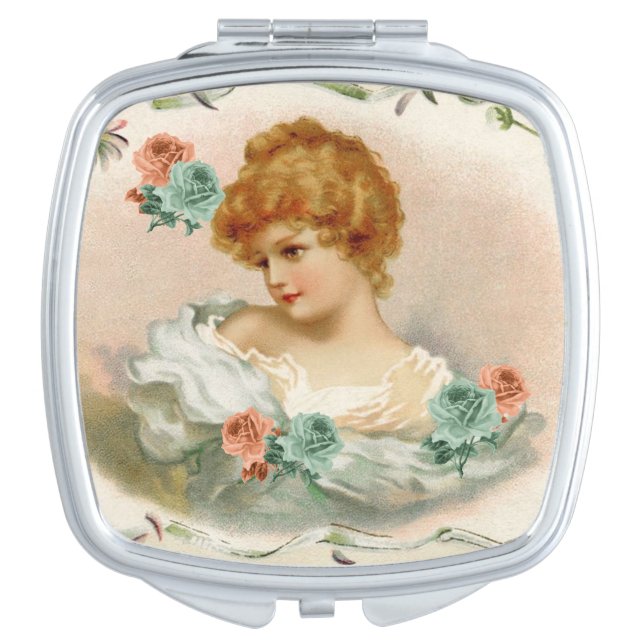 Victorian Lady Peach & Green Roses Compact Mirror (Front)