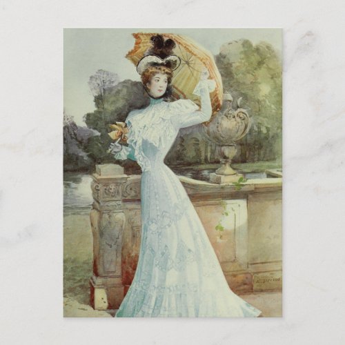 Victorian LadyVintage French Fashion  Aqua Dress Postcard
