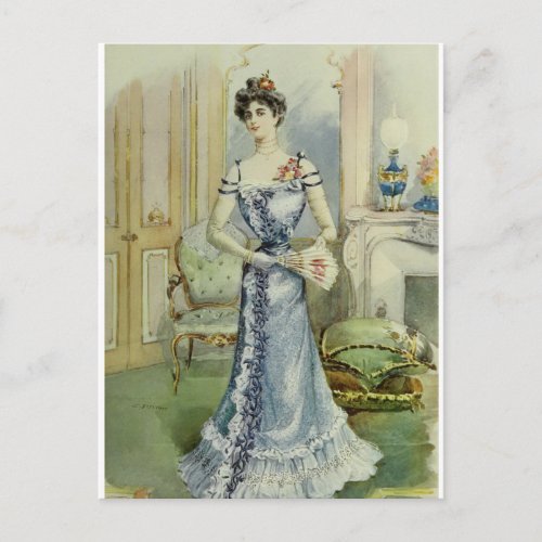 Victorian LadyVintage French Fashion  Blue Dress Postcard