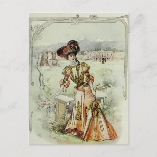 Victorian LadyVintage French FashionOrange Dress Postcard