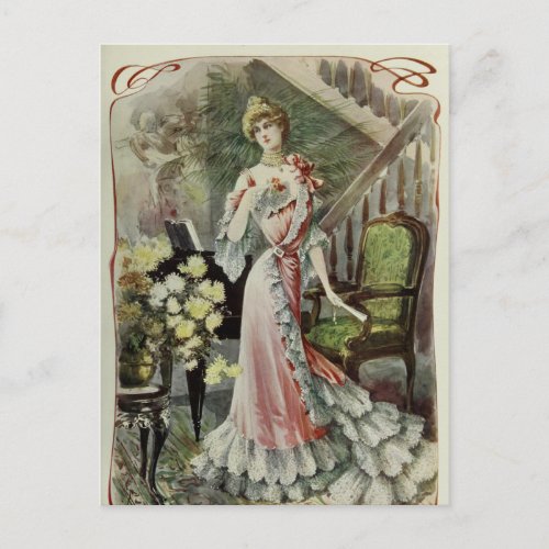 Victorian Lady  Vintage French Fashion Red Dress Postcard