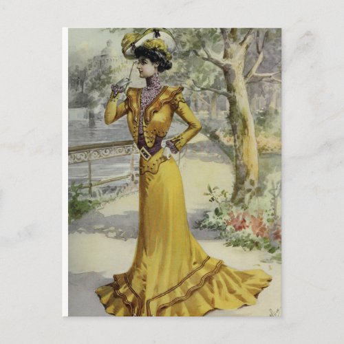 Victorian LadyVintage French FashionYellow Dress Postcard