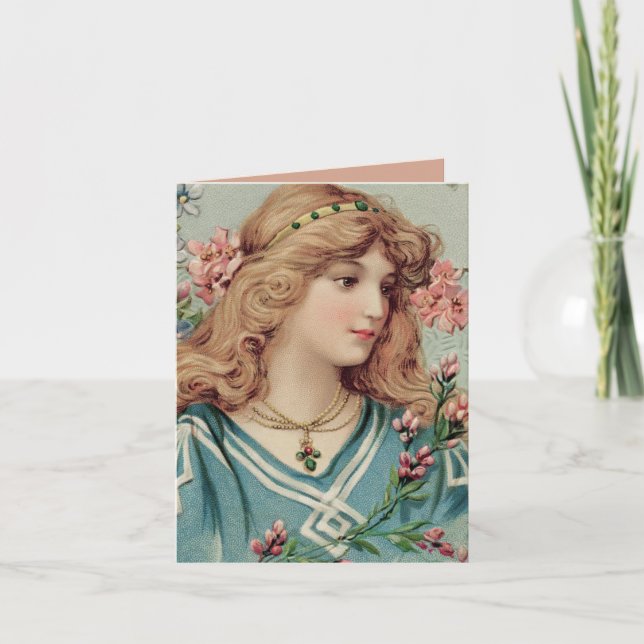 Victorian Lady w/ Pink Flowers in Her Hair Note Card (Front)