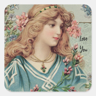 Victorian Lady w/ Pink Flowers in Her Hair Square Sticker