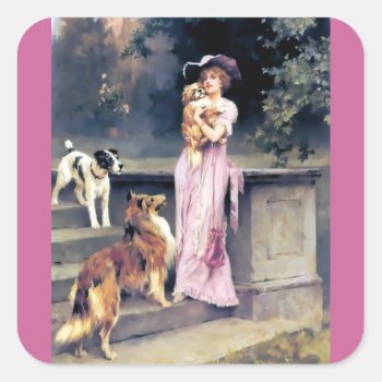 Victorian Lady With Dog Pets Square Sticker by EDDESIGNS at Zazzle