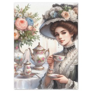 Victorian Lady with Floral Hat Tea Party 