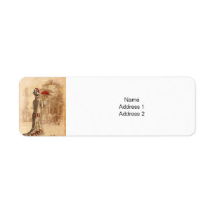 Victorian Lady with Red Umbrella Sepia Background  Label