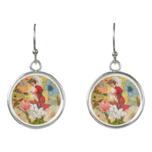 Victorian Lady Woman Elegant Rich Red Illustration Earrings