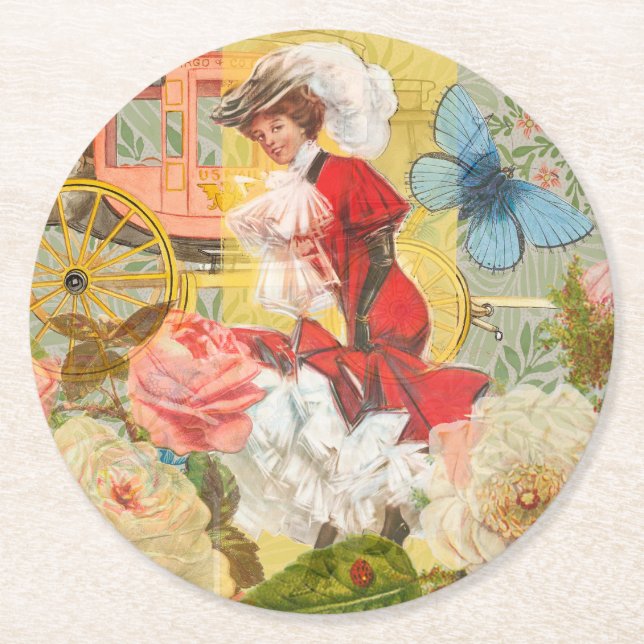 Victorian Lady Woman Fun Carriage Round Paper Coaster (Front)