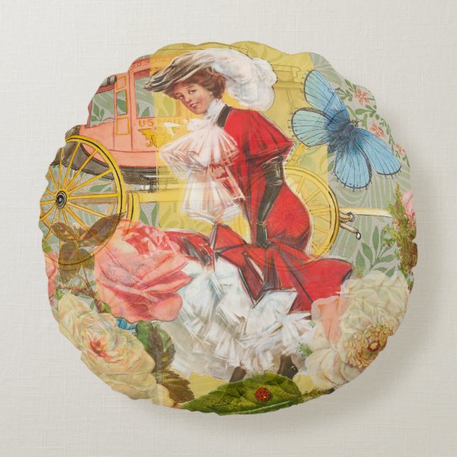 Victorian Lady Woman Fun Carriage Round Pillow (Front)