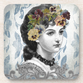 Victorian Lady Woman Pansies on Tapestry Beverage Coaster