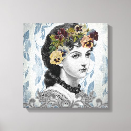 Victorian Lady Woman Pansies on Tapestry Canvas Print