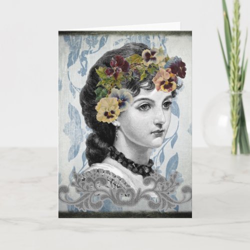 Victorian Lady Woman Pansies on Tapestry Card