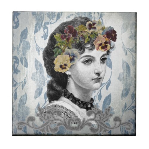 Victorian Lady Woman Pansies on Tapestry Ceramic Tile