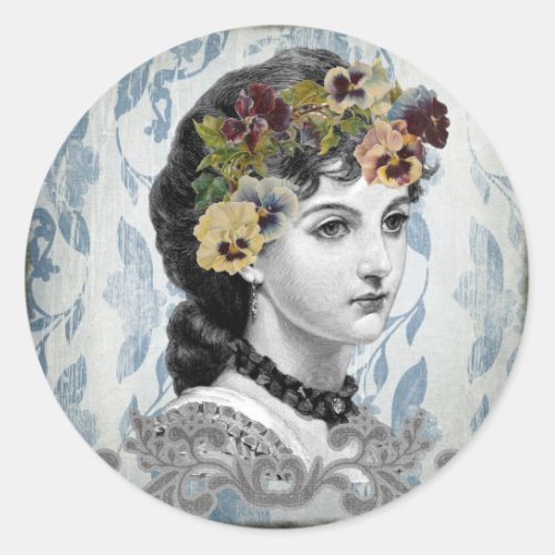 Victorian Lady Woman Pansies on Tapestry Classic Round Sticker
