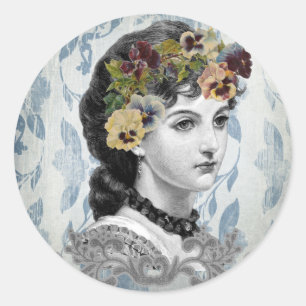 Victorian Lady Woman Pansies on Tapestry Classic Round Sticker