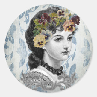 Victorian Lady Woman Pansies on Tapestry Classic Round Sticker