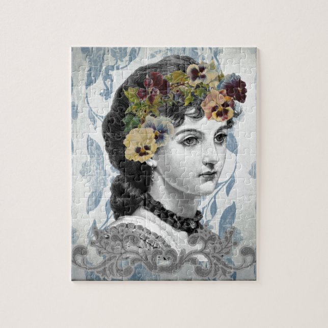Victorian Lady Woman Pansies on Tapestry Jigsaw Puzzle (Vertical)