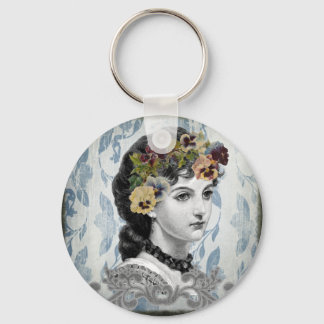 Victorian Lady Woman Pansies on Tapestry Keychain
