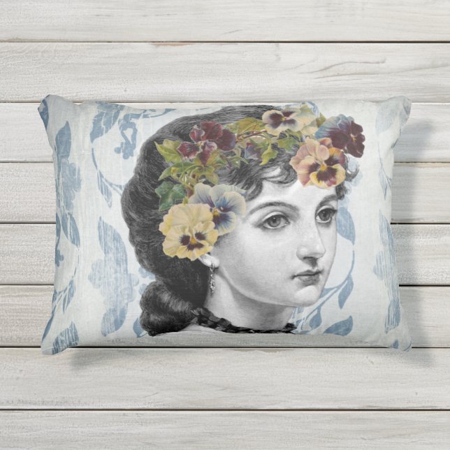 Victorian Lady Woman Pansies on Tapestry Outdoor Pillow (Front)